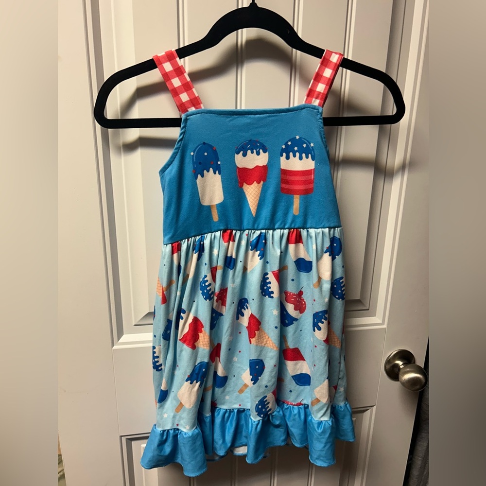 Blue Ice Cream Print Dress with Red Straps
